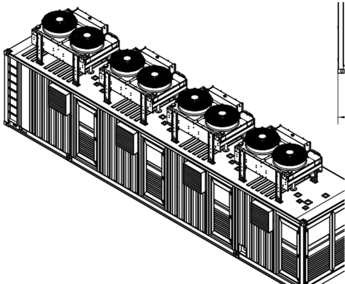 AG1200Q4CM15NB — Engineering drawing · container with roof radiators, side louvres and the control-cabinet bay